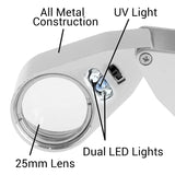 2 Pack 40X Metal Jewelry Loop Magnifier Light LED Money Detector