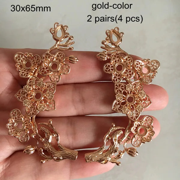 4 pcs Brass Casted Flowers Branch 30x65mm Silver Filigree Tree Hollow Flowers