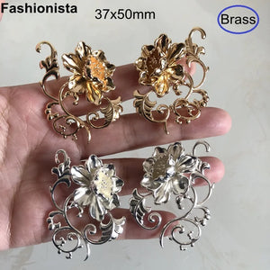 2 Pairs Filigree Peony Flower Ornament 3D Brass Flowers 37x50mm Gold/Silver