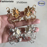 2 Pairs Filigree Peony Flower Ornament 3D Brass Flowers 37x50mm Gold/Silver