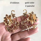 2 Pairs Filigree Peony Flower Ornament 3D Brass Flowers 37x50mm Gold/Silver