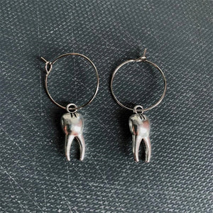 Antique Silver Tooth Earring Set with Hoop Earrings