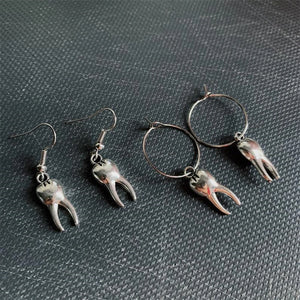 Antique Silver Tooth Earring Set with Hoop Earrings