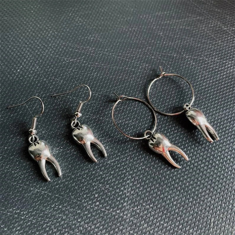 Antique Silver Tooth Earring Set with Hoop Earrings