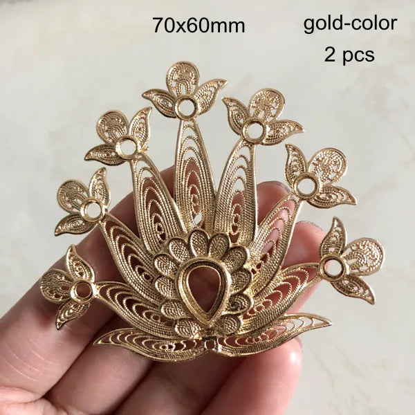 2 Pcs Brass Filigree Peacock Pendant with Cabochon Trays for DIY Jewelry