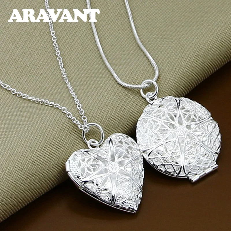 925 Silver Heart/Round Photo Frame Pendant Necklace Chain for Women/Men
