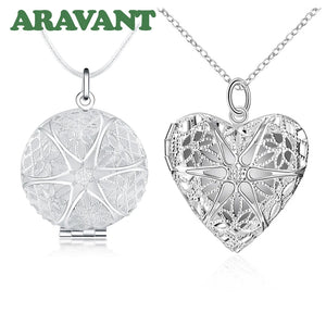 925 Silver Heart/Round Photo Frame Pendant Necklace Chain for Women/Men