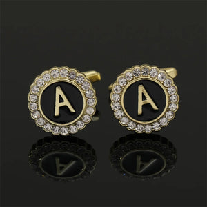 Crystal Initial A-Z Cufflinks Rhinestone Round Cuff Links for Men Tuxedo Shirts