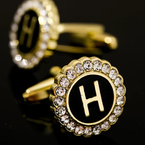 Crystal Initial A-Z Cufflinks Rhinestone Round Cuff Links for Men Tuxedo Shirts
