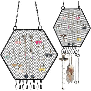 Earring Wall Holder Hanging Hexagon Diamond Grid Shape Decorative B