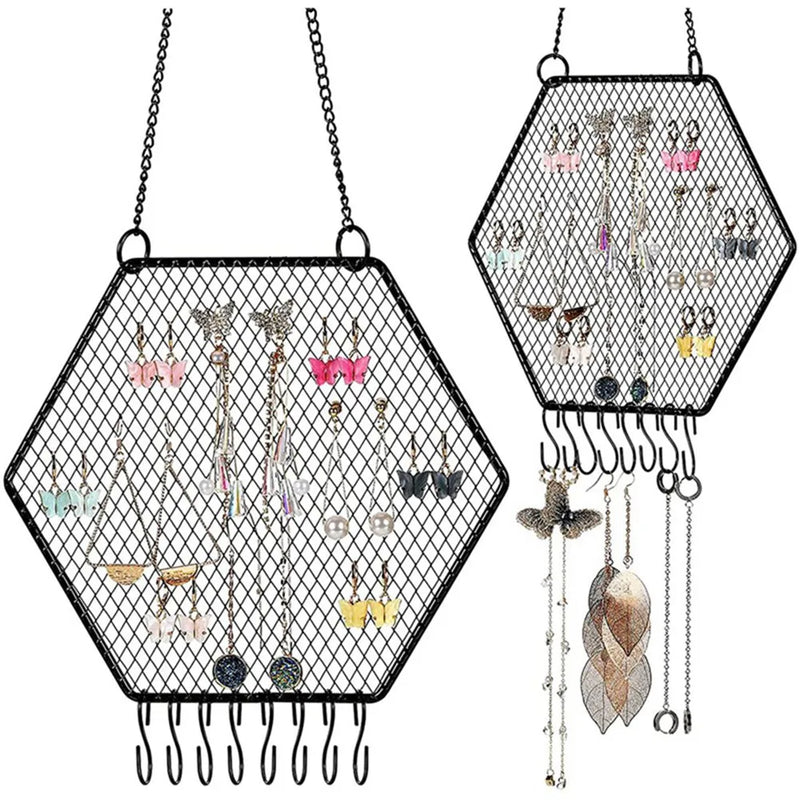 Earring Wall Holder Hanging Hexagon Diamond Grid Shape Decorative B