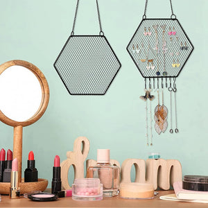 Earring Wall Holder Hanging Hexagon Diamond Grid Shape Decorative B