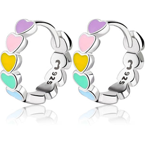 925 Silver Rainbow Heart Enamel Hoop Earrings Wedding Jewelry
