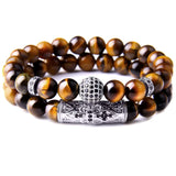 CZ Ball Charm Bangle Bracelet Set Tiger Eye Stone Beads Men Jewelry