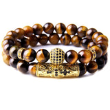 CZ Ball Charm Bangle Bracelet Set Tiger Eye Stone Beads Men Jewelry