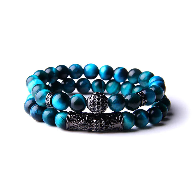 CZ Ball Charm Bangle Bracelet Set Tiger Eye Stone Beads Men Jewelry