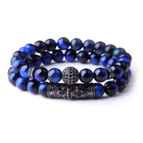 CZ Ball Charm Bangle Bracelet Set Tiger Eye Stone Beads Men Jewelry