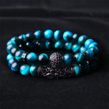 CZ Ball Charm Bangle Bracelet Set Tiger Eye Stone Beads Men Jewelry