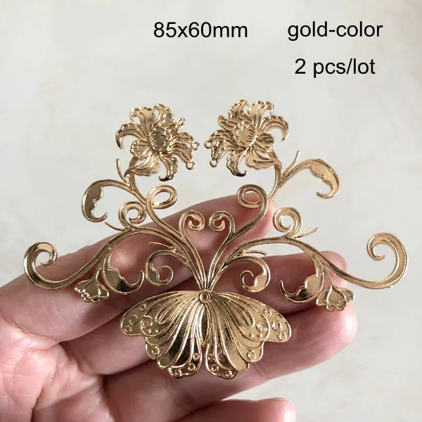 2 Large Filigree Butterfly Flowers 85x60mm Metal Ornament Jewelry Findings
