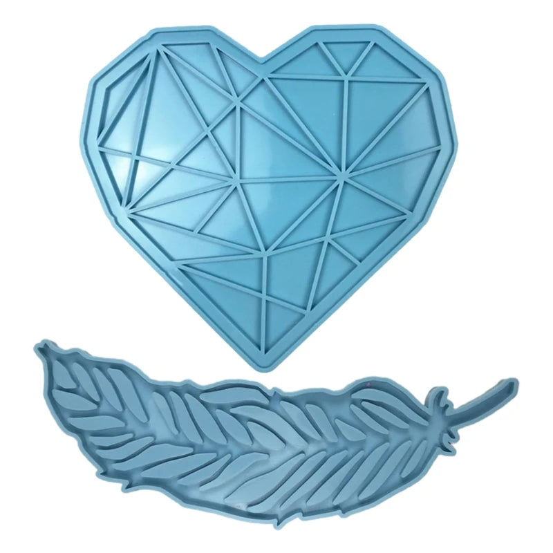 2 Pcs Heart Tray Pad Feather Plate Resin Mold DIY Decorations