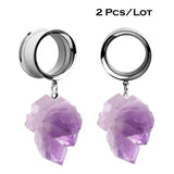 2 Pcs Natural Stone Ear Tunnel Plugs Gauges Purple Dangle Piercing 4-25mm