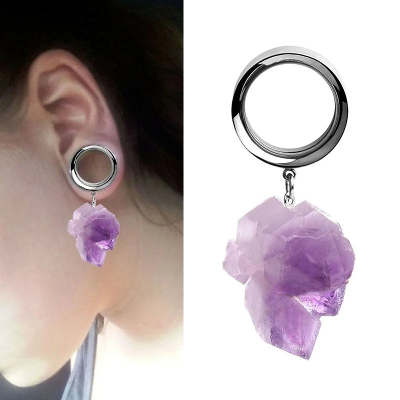 2 Pcs Natural Stone Ear Tunnel Plugs Gauges Purple Dangle Piercing 4-25mm