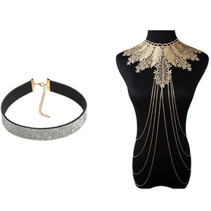 2 Pcs Velvet & Lace Body Rhinestone Choker Necklace Set