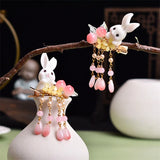 2 Pcs Pink Cut Rabbits Hairgrips For Girls Women Tassel Pearls Hair Clips