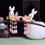 2 Pcs Pink Cut Rabbits Hairgrips For Girls Women Tassel Pearls Hair Clips