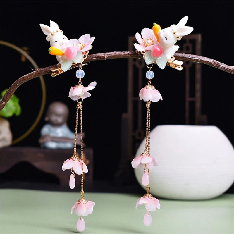 2 Pcs Pink Cut Rabbits Hairgrips For Girls Women Tassel Pearls Hair Clips