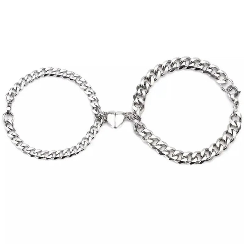 2 Pcs Stainless Steel Punk Bracelet for Women Couples Cuban Chains Gift