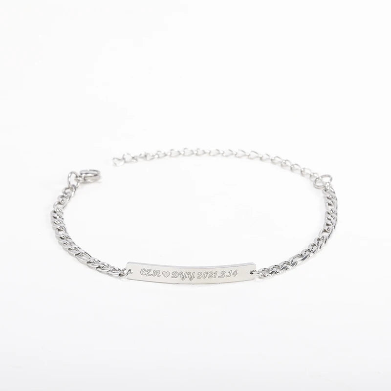 Engraved Name Bracelets Set Stainless Steel Cuban Chain Couple Jewelry
