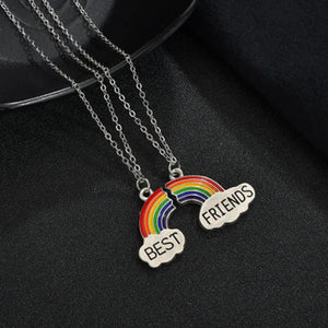 2 Pcs Women Stitching Heart Rainbow Friendship Couple Necklace Pendant Choker