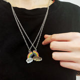 2 Pcs Women Stitching Heart Rainbow Friendship Couple Necklace Pendant Choker