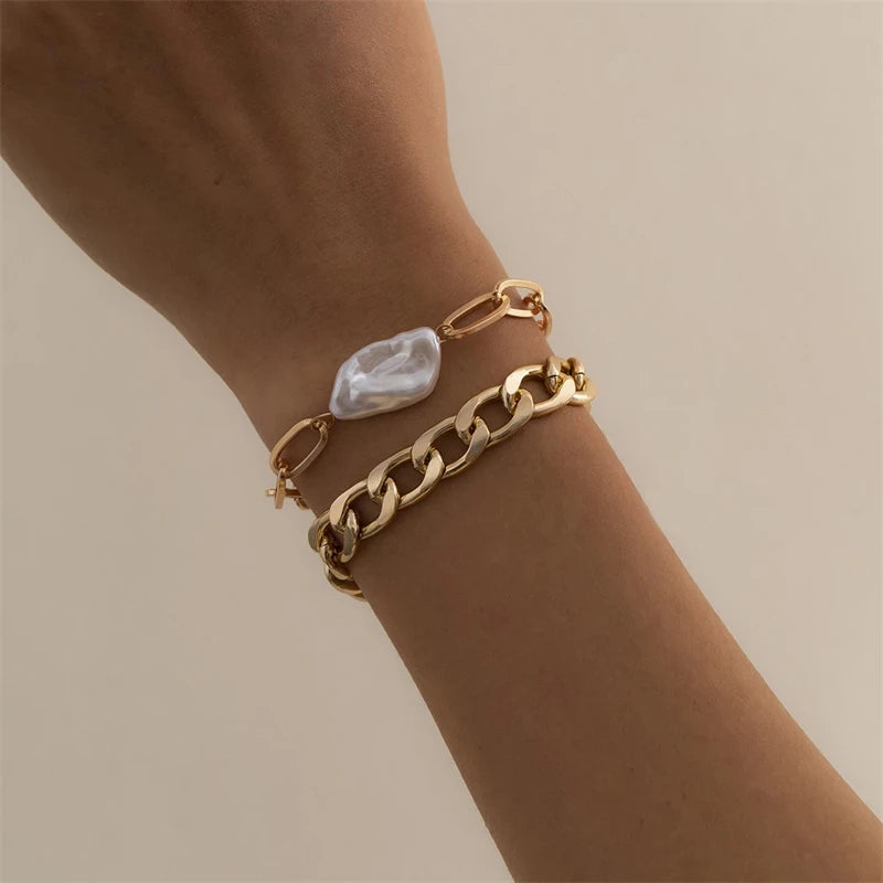 Hip-Hop Cuban Chain & Baroque Pearl Bracelet Set