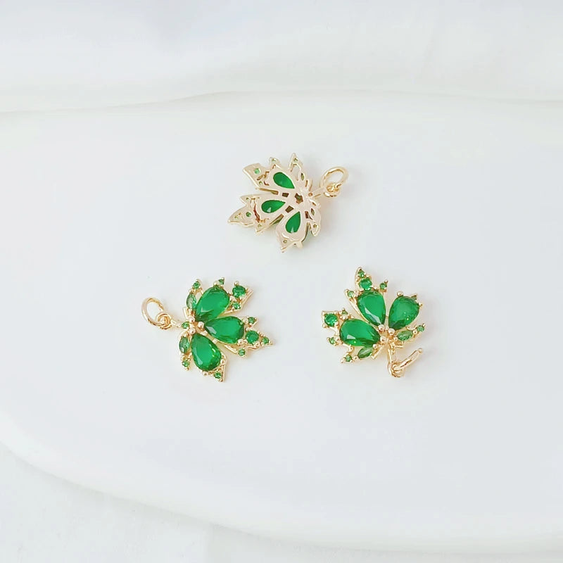 2Pcs 14K Copper Micro Zircon Maple Leaf Pendant DIY Earrings Necklace Acc