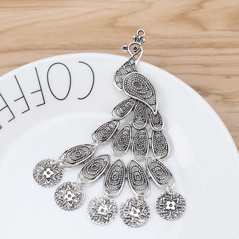2 Large Filigree Peacock Tibetan Silver Charms Pendants