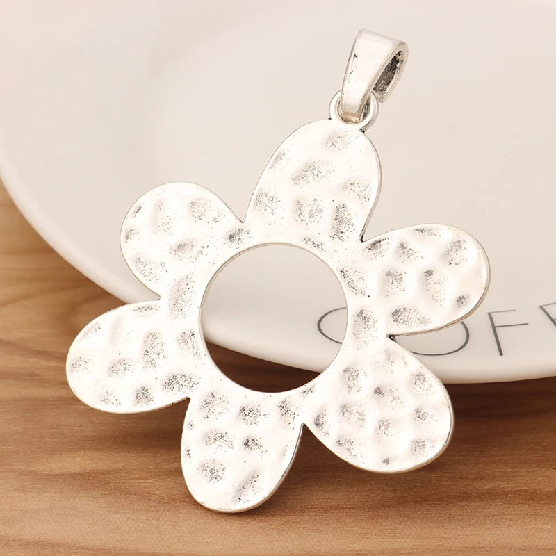2Pcs Tibetan Silver Hammered Flower Pendants 80x61mm
