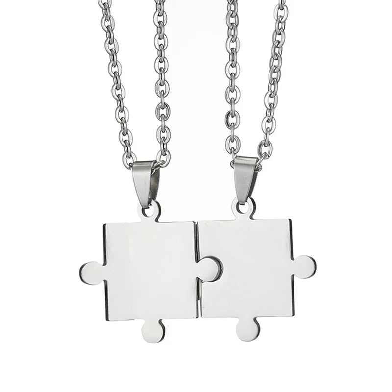 Personalized Stainless Steel Puzzle Pendant Couple Necklace Set with 20'' Chain