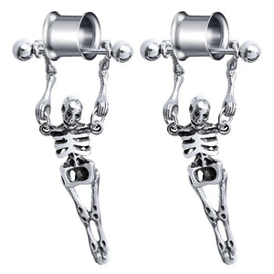 2 Steel Ear Tunnels Plugs Skeleton Dangle Ear Gauge