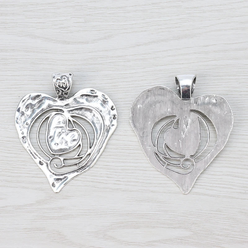 2 Tibetan Silver Large Hammered Heart Charms Pendants for DIY Necklace Making