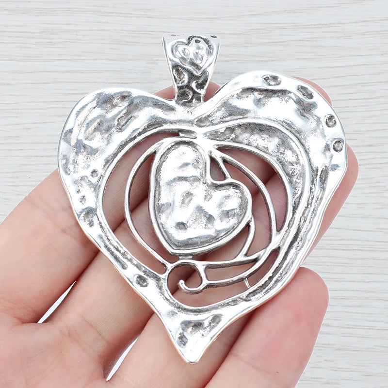 2 Tibetan Silver Large Hammered Heart Charms Pendants for DIY Necklace Making