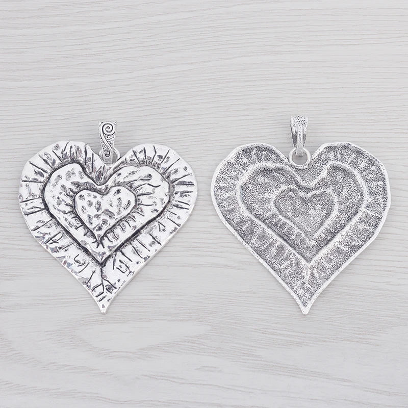 2 Tibetan Silver Large Hammered Heart Charms Pendants for DIY Necklace Making