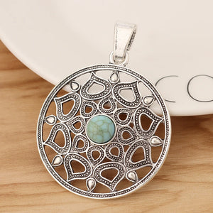 Tibetan Silver Filigree Flower Green Resin Stone Charms Pendants 65x48mm