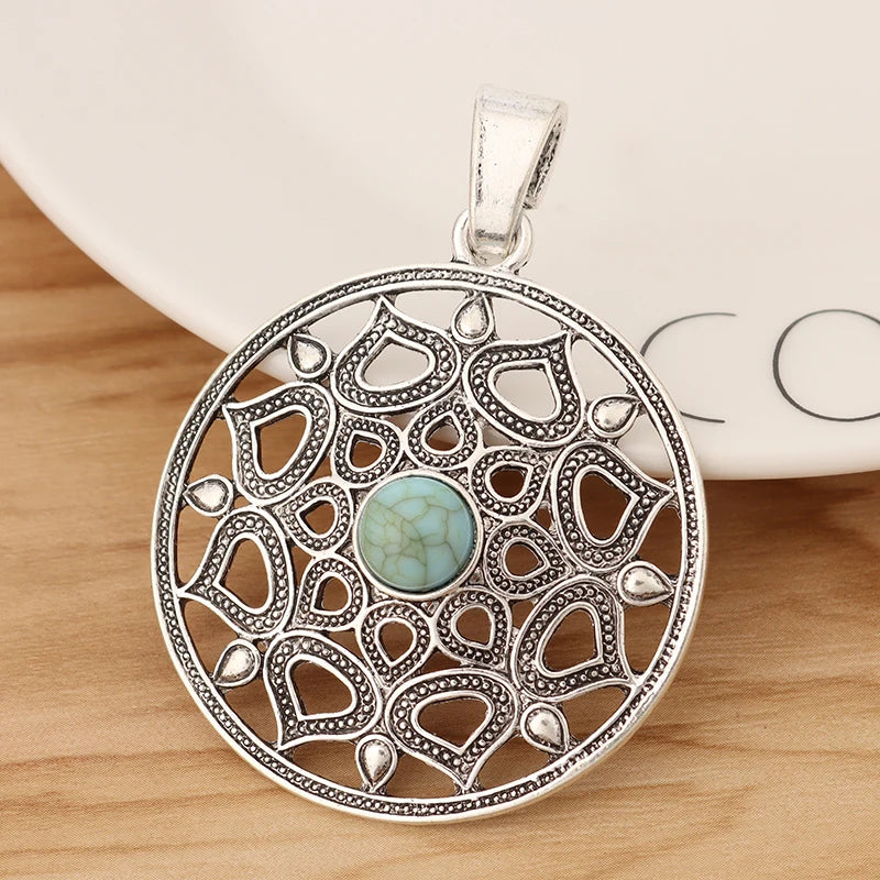 Tibetan Silver Filigree Flower Green Resin Stone Charms Pendants 65x48mm