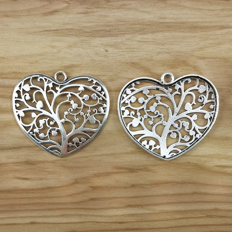 2 Large Hollow Tree Heart Charms Pendants for Necklace Making