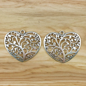 2 Large Hollow Tree Heart Charms Pendants for Necklace Making
