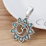 2 Tibetan Silver OM AUM Yoga Symbol Charms with Rhinestone Lotus Flower Pendants