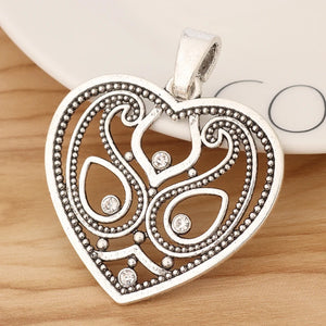 2 Tibetan Silver Heart & Rhinestone Charms Pendants for Necklace Making