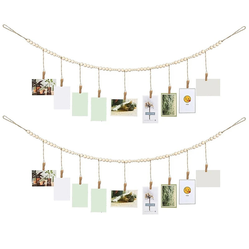 2Pcs Wooden Bead Wall Hanging Photo Display Boho Collage Picture Frame Set
